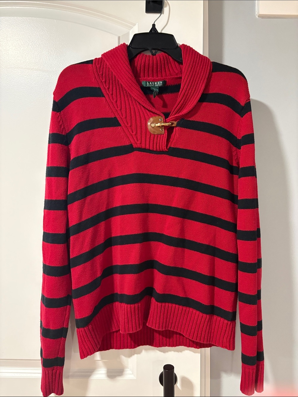 Ralph Lauren Red and Black Striped Shawl-Collar Sweater with Gold Toggle